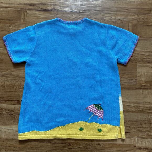 VTG The Quacker Factory L Blue Short Sleeve Beachy Knit Tunic Sweater Whimsical - Picture 2 of 16